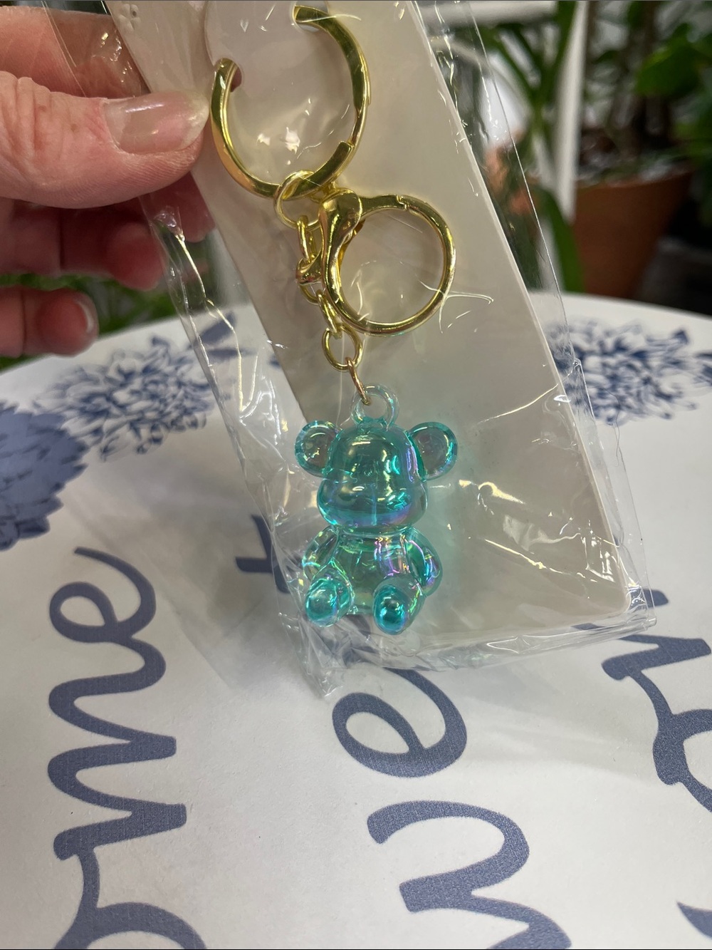 Iridescent Teal Bear Keychain with Gold Hardware
